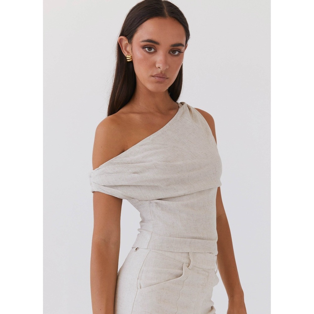 Peppermayo Marissa Linen One Shoulder Top Size 12 Oatmeal NWT